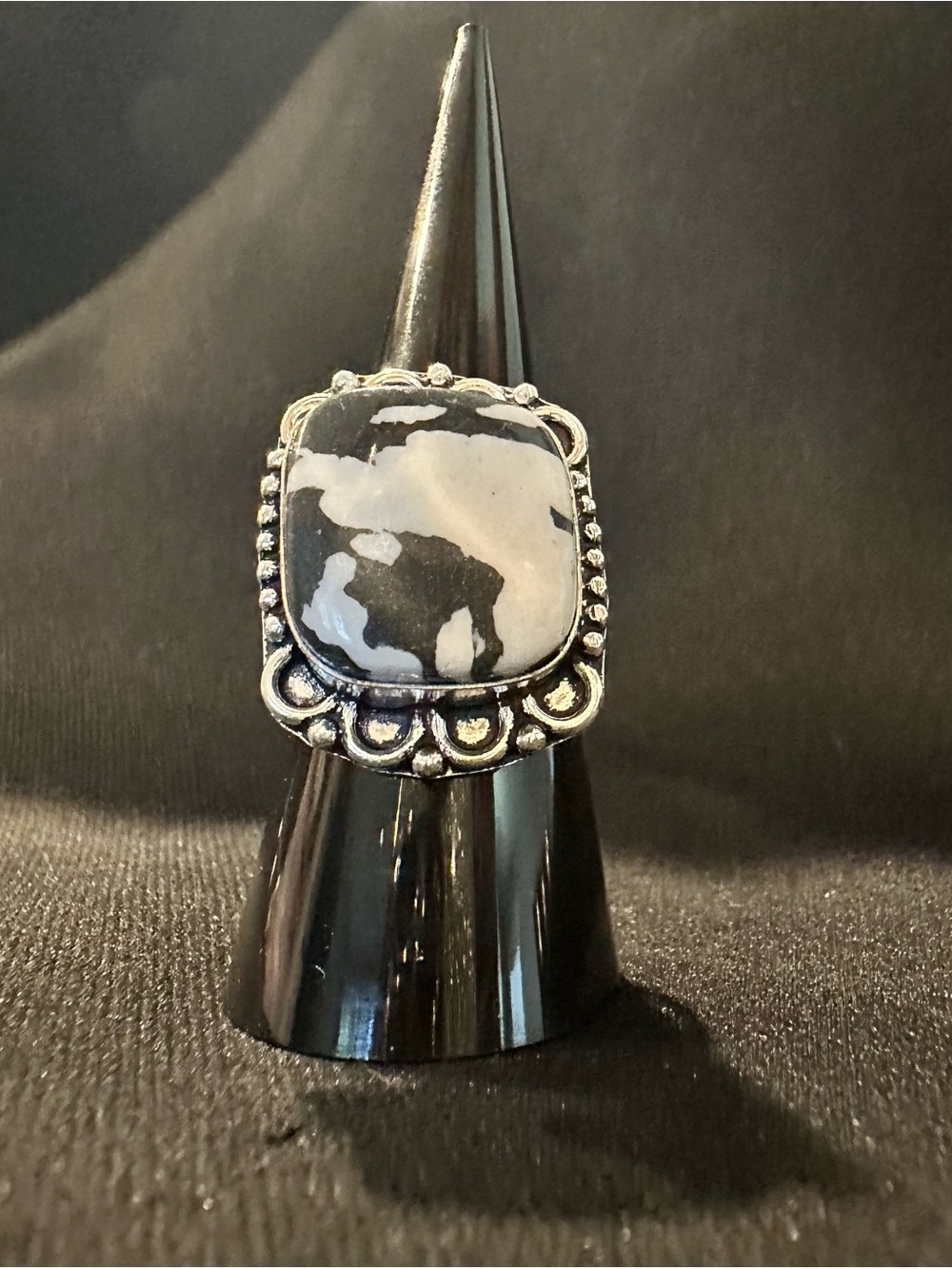 White and Black Stone Silver-Accent Statement Ring